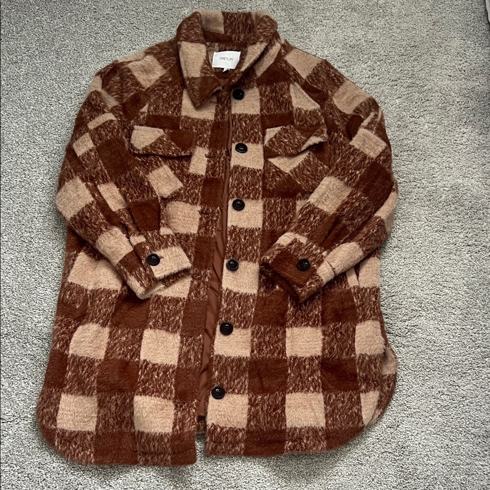 Anthropologie Brown and Tan Plaid Shirt Jacket